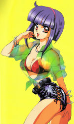 Rule 34 | 1990s (style), 1girl, absurdres, ass, bikini, bracelet, breasts, collar, hairband, highres, jewelry, large breasts, looking at viewer, mon mon, necklace, purple hair, red eyes, retro artstyle, short hair, shorts, smile, solo, swimsuit