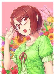 Rule 34 | 1girl, :o, adjusting eyewear, border, branch, brown hair, cherry blossoms, collarbone, commentary, fingernails, floral background, flower, glasses, green shirt, hand up, highres, komase (jkp423), looking at viewer, open mouth, original, pink background, purple flower, red-framed eyewear, red eyes, red flower, red ribbon, ribbon, round teeth, shirt, short hair, short sleeves, sideways glance, solo, sunflower, swept bangs, teeth, upper body, white border, yellow flower