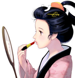 Rule 34 | 1girl, applying makeup, black hair, brown eyes, cherry blossoms, comb, commentary, cosmetics, floral print, hair ornament, hair rings, hair stick, hair up, hand mirror, highres, holding, japanese clothes, kimono, kouno (masao), lips, lipstick, lipstick tube, looking at mirror, makeup, mirror, mole, mole under eye, nihongami, original, profile, reflection, revision, simple background, solo, upper body, white background
