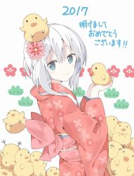 Rule 34 | 1girl, bird, blue eyes, blue hair, blush, duck, duckling, flower, hair flower, hair ornament, highres, japanese clothes, kimono, original, smile, tantan men (dragon)