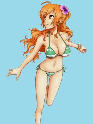 Rule 34 | 1girl, bikini, fishman island, flower, nami (one piece), one piece, orange hair, simple background, swimming, swimsuit, tagme