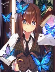 Rule 34 | 1girl, animal, artist name, black necktie, blush, book, breasts, brown hair, brown vest, bug, butterfly, closed mouth, collared shirt, commentary request, fantasy, hair between eyes, highres, holding, holding book, insect, large breasts, long hair, magic circle, murasame shia, necktie, open book, original, pinstripe pattern, pinstripe vest, pocket watch, purple eyes, shirt, smile, solo, striped clothes, striped vest, vertical-striped clothes, vertical-striped vest, very long hair, vest, watch, white shirt