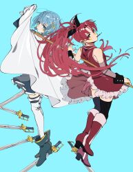 Rule 34 | 2girls, blue background, blue eyes, blue hair, blue skirt, cape, cape lift, dress, expressionless, highres, hyamoo, long hair, looking at viewer, looking back, mahou shoujo madoka magica, miki sayaka, multiple girls, red dress, red hair, sakura kyoko, short hair, skirt, sleeveless, sleeveless dress, sword, thighhighs, weapon, white cape, white thighhighs