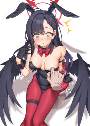 Rule 34 | 1girl, :o, absurdres, armband, aya shachou, black choker, black gloves, black hair, black leotard, black wings, blue archive, blush, breasts, choker, cleavage, disembodied hand, gloves, grey eyes, hair ornament, hairclip, halo, highres, ichika (blue archive), leotard, leotard pull, long hair, low wings, medium breasts, on stool, pantyhose, playboy bunny, red pantyhose, surprised, thigh strap, wings, wrist cuffs