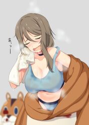 Rule 34 | 1girl, blurry, blurry background, blush, breasts, brown hair, choker, cleavage, closed eyes, commentary request, costume, grey background, guchiaki, hair between eyes, large breasts, lycoris recoil, midriff, nakahara mizuki, open mouth, simple background, stained clothes, steam, sweat, sweaty clothes, tank top, towel, translation request, undressing, wet, wet hair, wiping face, wiping sweat