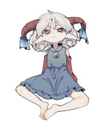 Rule 34 | 1girl, arolayukomori, barefoot, blue bow, blue dress, bow, closed mouth, commentary request, curly hair, detached sleeves, dress, earrings, frown, full body, grey hair, highres, horizontal pupils, horn bow, horn ornament, horns, jewelry, latex, looking at viewer, medium bangs, one-hour drawing challenge, pink eyes, pointy ears, rectangular pupils, red horns, red sleeves, simple background, sitting, solo, touhou, toutetsu yuuma, v-shaped eyebrows, white background