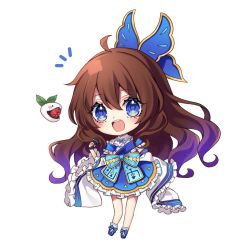 Rule 34 | 1girl, blue bow, blue dress, blue eyes, blue footwear, blush, bow, brown hair, bug, butterfly, butterfly hair ornament, butterfly wings, chibi, detached sleeves, dress, food, frills, fruit, full body, hair between eyes, hair ornament, hand up, insect, insect wings, kyouda suzuka, long sleeves, looking at viewer, microphone, open mouth, original, shoes, simple background, smile, socks, solo, standing, strawberry, white background, white sleeves, white socks, wide sleeves, wings