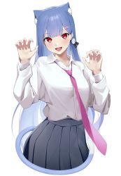 Rule 34 | 1girl, :d, animal ear fluff, animal ears, blue hair, blue tail, blush, breasts, cat ears, cat tail, claw pose, collared shirt, commentary request, cowboy shot, cropped legs, hair ornament, hands up, heart, heart hair ornament, highres, kuen (kuennn12), long hair, long sleeves, looking at viewer, medium breasts, necktie, open mouth, pink necktie, pleated skirt, plivyou, red eyes, shikai yue, shirt, shirt tucked in, simple background, skirt, smile, solo, tail, virtual youtuber, white background, white shirt