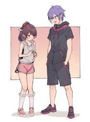 Rule 34 | 1boy, 1girl, alternate costume, bespectacled, black hoodie, blade, bright pupils, brown eyes, brown hair, commentary request, dolphin shorts, drawstring, eye contact, fidgeting, frilled socks, frills, full body, glasses, gradient background, grey hoodie, hair ornament, hood, hood down, hoodie, kneehighs, long hair, looking at another, lovestruck, open mouth, orange background, own hands together, parted lips, pigeon-toed, pink background, pink footwear, pink shorts, ponytail, purple eyes, purple hair, shirinda fureiru, shoes, short shorts, short sleeves, shorts, sleeveless, sleeveless hoodie, smile, sneakers, socks, standing, touhoku kiritan, voiceroid, white pupils, white socks, yuzuki yukari&#039;s younger twin brother
