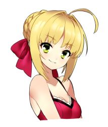 Rule 34 | 10s, 1girl, ahoge, blonde hair, braid, eyebrows, fate/extra, fate (series), green eyes, grin, hair bun, hair intakes, hair ribbon, looking at viewer, nero claudius (fate), nero claudius (fate) (all), nero claudius (fate/extra), official alternate costume, red ribbon, ribbon, short hair, sidelocks, single hair bun, smile, solo, upper body, white background, zn (zzzzzni)