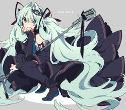 Rule 34 | 1girl, aqua eyes, aqua hair, bare shoulders, black thighhighs, cross, dated, detached sleeves, frilled skirt, frills, grin, hair ribbon, hatsune miku, head rest, headset, highres, holding, long hair, looking at viewer, microphone, microphone stand, mochizuki kei, nail polish, necktie, ribbon, simple background, skirt, smile, solo, squatting, striped ribbon, thighhighs, tiara, twintails, very long hair, vocaloid, yamada kei, zettai ryouiki