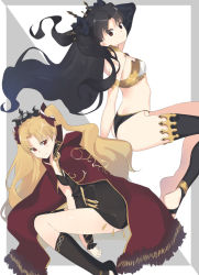 Rule 34 | 2girls, 2l (2lsize), ass, bad id, bad pixiv id, black hair, blonde hair, blush, breasts, cape, commentary request, crown, earrings, ereshkigal (fate), fate/grand order, fate (series), hair ribbon, highres, ishtar (fate), ishtar (fate), jewelry, long hair, looking at viewer, multiple girls, red cape, red eyes, ribbon, single thighhigh, thighhighs, tohsaka rin, twintails, two side up