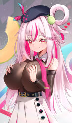 Rule 34 | 18301639225, 1girl, absurdres, belt, bodystocking, breasts, cleavage, collar, detached sleeves, food, fruit, gradient eyes, hair ornament, hand on breasts, hat, heart, highres, large breasts, long hair, melon, mingyin meion (vtuber), mole, mole under eye, multicolored eyes, multicolored hair, necktie, nose, one side up, original, single hair ring, skirt, smile, very long hair, virtual youtuber, white hair, white skirt