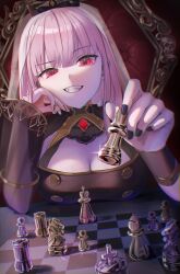 Rule 34 | 1girl, bishop (chess), black cape, black dress, black eyeliner, black nails, blunt bangs, board game, breast rest, breasts, breasts on table, buttons, cape, chair, chess, chess piece, chessboard, cleavage, dress, eyelashes, eyeliner, fangs, hair between eyes, head rest, highres, holding chess piece, hololive, hololive english, king (chess), knight (chess), large breasts, long hair, makeup, mori calliope, mori calliope (1st costume), nail polish, open clothes, pawn (chess), pink hair, playing chess, playing games, queen (chess), red eyes, rook (chess), sakurano.neko, sitting, smile, solo, spiked cape, table, teeth, tiara, veil, virtual youtuber