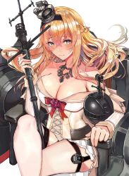 Rule 34 | 1girl, bare shoulders, black footwear, blonde hair, blue eyes, blush, braid, breasts, cleavage, corset, crossed legs, crown, dress, eriyama e, flower, french braid, garter straps, globus cruciger, hair between eyes, hairband, high heels, highres, holding, jewelry, kantai collection, large breasts, long hair, long sleeves, looking at viewer, machinery, mary janes, mini crown, necklace, off-shoulder dress, off shoulder, red flower, red ribbon, red rose, ribbon, rose, scepter, shoes, simple background, sitting, smile, solo, thighhighs, throne, warspite (kancolle), white background, white dress, white thighhighs