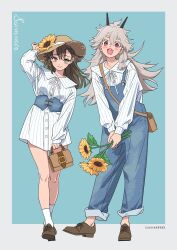 Rule 34 | 2girls, :d, bag, bare legs, blue background, blue overalls, blush, border, brown footwear, brown hair, closed mouth, commission, dot nose, dress, fang, flower, grey hair, handbag, hat, hat flower, highres, holding, holding bag, holding flower, horns, long sleeves, looking at viewer, moya (toatomoot), multiple girls, neck ribbon, open mouth, original, outside border, overalls, pants, pants rolled up, pinstripe dress, pinstripe pattern, pinstripe shirt, red eyes, ribbon, shirt, shoes, short dress, simple background, skeb commission, smile, socks, straw hat, sunflower, white border, white dress, white ribbon, white shirt, white socks, yellow eyes