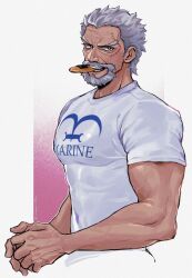 Rule 34 | 1boy, absurdres, beard, biceps, bright pupils, brown eyes, clothes writing, facial hair, food, food in mouth, grey facial hair, grey hair, highres, male focus, mature male, monkey d. garp, mouth hold, muscular, muscular male, old, old man, one piece, open mouth, scar, scar on face, senbei, shirt, short hair, short sleeves, solo, teeth, thick eyebrows, upper body, vamos mk, veins, veiny arms, white background, white pupils, white shirt, widow&#039;s peak