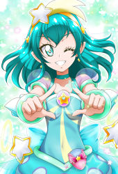 Rule 34 | 1girl, aqua eyes, back bow, blue bow, bow, breasts, choker, collarbone, cure milky, earrings, floating hair, grin, hair between eyes, hair ornament, hairband, hanzou, highres, index finger raised, jewelry, long hair, looking at viewer, precure, see-through, short sleeves, small breasts, smile, solo, standing, star (symbol), star earrings, star hair ornament, star twinkle precure, yellow hairband