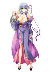 Rule 34 | 1girl, absurdres, bare shoulders, blue hair, breasts, cleavage, collarbone, detached sleeves, full body, gengan, hair ornament, highres, hikage eiji, japanese clothes, koihime musou, large breasts, looking at viewer, nail polish, sandals, shin koihime musou, short hair, simple background, smile, solo, standing, white background, wide sleeves, yellow eyes