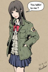Rule 34 | 1girl, artist name, blue skirt, bow, bowtie, brown background, brown eyes, brown hair, cardigan, commentary request, cosplay, dated, english text, green jacket, grin, hands in pockets, hoshino tatsuya, jacket, lips, long hair, looking at viewer, military jacket, original, pleated skirt, red bow, red bowtie, school uniform, skirt, smile, solo, taxi driver, travis bickle, travis bickle (cosplay)