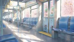 Rule 34 | bad id, bad pixiv id, cherry blossoms, commentary request, door, highres, no humans, original, plant, scenery, seat, shade, sunlight, train, train interior, tree, user swzc2434, window