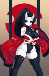 Rule 34 | 1girl, bare shoulders, black eyes, black hair, black thighhighs, borrowed character, breasts, colored skin, commentary, covered collarbone, english commentary, highleg, highres, horns, large breasts, legs apart, long hair, looking at viewer, oni horns, original, ponytail, ribbon-trimmed legwear, ribbon trim, solo, sub-res, thighhighs, white skin, wide sleeves