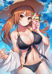 Rule 34 | 1girl, absurdres, bare arms, bare shoulders, bikini, black bikini, blue sky, breasts, brown eyes, brown hair, brown hat, candy, chain, chocolate, chocolate bar, cleavage, closed mouth, cloud, cloudy sky, collarbone, cowboy shot, cream, day, food, front-tie bikini top, front-tie top, fruit, groin, halterneck, hat, highres, holding, holding food, illian-san, large breasts, lens flare, long hair, looking at viewer, low twintails, navel, o-ring, o-ring bikini, off shoulder, original, parfait, sky, smile, solo, standing, stomach, strawberry, sun hat, sunlight, swimsuit, twintails, wafer stick