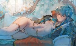 Rule 34 | 1boy, absurdres, arm behind back, blue eyes, blue hair, blush, byefrog, chinese commentary, cock ring, couch, erection, fire emblem, fire emblem: genealogy of the holy war, from side, gloves, hair between eyes, highres, long hair, looking to the side, male focus, navel, nintendo, nude, on couch, open clothes, penis, puffy nipples, seliph (fire emblem), sex toy, shiny skin, skindentation, smile, solo, testicles, thighhighs, thighs, trap, white gloves, white thighhighs