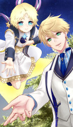 Rule 34 | 2boys, arthur pendragon (fate), blonde hair, blue eyes, blue neckwear, blush, bright pupils, chona, closed mouth, fate/grand order, fate/prototype, fate/requiem, fate (series), floating, formal, full body, glowing, green eyes, hair between eyes, highres, long sleeves, looking at viewer, male focus, multiple boys, necktie, open hands, open mouth, parted bangs, scarf, sky, smile, star (sky), star (symbol), starry sky, suit, upper body, voyager (fate), voyager (second ascension) (fate), white suit