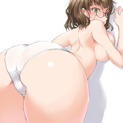 Rule 34 | 10s, 1girl, against wall, anger vein, angry, ass, breast press, breasts, brown eyes, brown hair, dd (ijigendd), female focus, glasses, kantai collection, large breasts, looking back, panties, roma (kancolle), short hair, simple background, solo, thighs, topless, underwear, white panties