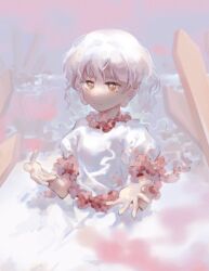 Rule 34 | 1girl, badai, brown eyes, closed mouth, commentary request, ebisu eika, highres, outdoors, outstretched arms, partially submerged, puffy short sleeves, puffy sleeves, red trim, shirt, short hair, short sleeves, smile, touhou, upper body, wavy hair, white hair, white shirt