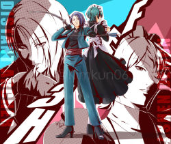 Rule 34 | 1boy, 1girl, alternate costume, arrow (projectile), asymmetrical bangs, blue eyes, blue hair, bow (weapon), byleth (fire emblem), byleth (male) (fire emblem), closed mouth, crossdressing, enmaided, fire emblem, fire emblem: three houses, formal, holding, holding bow (weapon), holding weapon, kiora06, long sleeves, maid, maid headdress, nintendo, own hands clasped, own hands together, parody, persona, persona 5, purple eyes, shamir nevrand, style parody, suit, tuxedo, weapon