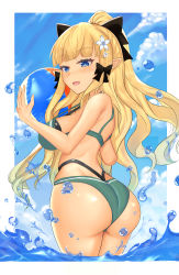 Rule 34 | 1girl, absurdres, aqua bikini, bikini, black bow, blonde hair, blue eyes, blush, bow, breasts, elf, flower, hair bow, hair flower, hair ornament, highres, irohasm, large breasts, long hair, looking at viewer, navel, open mouth, pointy ears, ponytail, princess connect!, saren (princess connect!), saren (summer) (princess connect!), smile, solo, swimsuit