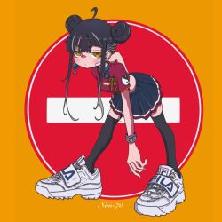 Rule 34 | 1girl, ahoge, artist name, bandaid, bandaid on cheek, bandaid on face, bandaid on nose, black hair, black thighhighs, blue skirt, bracelet, breasts, cleavage cutout, closed mouth, clothing cutout, colored tips, commentary, cropped shirt, double bun, earrings, fila, full body, grey hair, hair bun, highres, jewelry, jitome, leaning forward, light blush, looking at viewer, miniskirt, multicolored hair, nao97122, original, pleated skirt, red background, red shirt, road sign, shirt, shoes, short sleeves, sidelocks, sign, skirt, small breasts, sneakers, solo, standing, stop sign, streaked hair, symbol-only commentary, thighhighs, white footwear, yellow background, yellow eyes, yin yang, yin yang print, zettai ryouiki