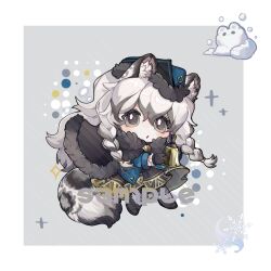 Rule 34 | 1girl, :o, arknights, bell, black cape, black dress, black gloves, blue hat, blue jacket, blush, border, braid, cape, chibi, commentary, dress, full body, fur-trimmed cape, fur trim, gloves, gold trim, grey background, grey eyes, grey hair, hat, highres, holding, holding bell, jacket, long hair, nitrogen owo, pramanix (arknights), pramanix (caster&#039;s frost) (arknights), sample watermark, simple background, snow leopard ears, snow leopard girl, snow leopard tail, snowflakes, solo, sparkle, symbol-only commentary, twin braids, watermark