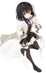 Rule 34 | 1girl, black footwear, black hair, black lilith (sentouin hakenshimasu!), black shirt, black skirt, black thighhighs, blush, clenched hands, coat, collared shirt, commentary request, cover, cover page, embarrassed, flask, glasses, highres, kakao rantan, lab coat, leg up, loafers, long coat, looking at viewer, medium hair, miniskirt, multicolored clothes, multicolored skirt, nose blush, novel cover, novel illustration, official art, pince-nez, pink neckwear, pink skirt, red eyes, round-bottom flask, running, sentouin hakenshimasu!, shirt, shoes, simple background, skirt, solo, striped clothes, striped skirt, test tube, thigh strap, thighhighs, v-shaped eyebrows, vial, white background, white coat