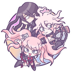 1girl 2boys :d bear_hair_ornament black_jacket black_necktie black_pants blush_stickers boots brown_hair chain chain_leash collar danganronpa:_trigger_happy_havoc danganronpa_(series) danganronpa_2:_goodbye_despair enoshima_junko grey_hair hair_between_eyes hair_ornament high_heel_boots high_heels jacket kamukura_izuru komaeda_nagito leash long_hair metal_collar miniskirt multiple_boys necktie open_clothes open_jacket open_mouth pants plaid_clothes plaid_skirt red_eyes red_skirt servant_(danganronpa) shoes skirt smile twintails uzu_(uzusio55) vertical-striped_mittens