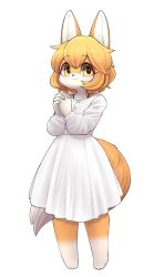 Rule 34 | 1girl, animal ears, blush, bra strap, brown eyes, brown hair, closed mouth, collarbone, dress, fox ears, fox girl, fox tail, furry, furry female, highres, jupiter europe, looking at viewer, original, own hands clasped, own hands together, short hair, smile, solo, tail, white dress