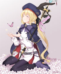 Rule 34 | 1girl, absurdres, artoria caster (fate), artoria caster (second ascension) (fate), artoria pendragon (all), artoria pendragon (fate), black ribbon, blonde hair, blush, boots, bow, bowtie, bug, butterfly, buttons, cape, crying, deathcure0722, double-breasted, closed eyes, fate/grand order, fate (series), flower, hat, high heel boots, high heels, highres, insect, long hair, mage staff, pantyhose, ponytail, purple bow, ribbon, saber (fate), sitting, smile, solo, very long hair, wariza, white background