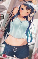 Rule 34 | 1girl, armpits, arms up, bathroom, black eyes, black hair, black shorts, blue camisole, blush, breasts, camisole, clothes lift, collarbone, commentary request, highres, indoors, lifted by self, long hair, midriff, minato ojitan, mirror, mouth hold, navel, one eye closed, original, panties, reflection, shirt, shirt lift, short shorts, shorts, sleepy, small breasts, solo, standing, tan, tanline, toothbrush, underwear, undressing, washing machine, white shirt