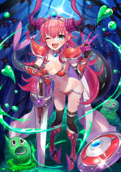 Rule 34 | 1girl, ;d, armor, armored boots, bikini, bikini armor, black sleeves, black thighhighs, blue eyes, boots, breasts, cleavage, collar, collarbone, detached sleeves, elizabeth bathory (brave) (fate), elizabeth bathory (fate), fang, fate/grand order, fate (series), hand on hilt, horns, knee boots, kt. (kaisou-notagui), leaning forward, long hair, long sleeves, looking at viewer, one eye closed, open mouth, outdoors, pauldrons, pink hair, red bikini, red footwear, shield, shoulder armor, slime (creature), slime (substance), small breasts, smile, solo, sweat, swimsuit, sword, thighhighs, v, very long hair, weapon