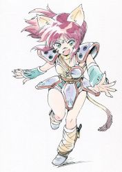 Rule 34 | 1girl, animal ears, armor, cat ears, cat tail, fang, full body, green eyes, knife, kouryuu densetsu villgust, long hair, open mouth, painting (medium), pauldrons, ponytail, red eyes, ryuquir (villgust), shoulder armor, simple background, solo, tail, traditional media, watercolor (medium), white background