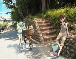 Rule 34 | 10s, 2girls, absurdres, anchovy (girls und panzer), arm support, bag, bicycle, black ribbon, blue shorts, brown eyes, brown hair, brown pants, camisole, capri pants, casual, commentary, day, dog, drill hair, flats, girls und panzer, green hair, grey shirt, hair ribbon, half-closed eyes, highres, hoshikawa (hoshikawa gusuku), leaning back, long hair, multiple girls, nishizumi maho, open mouth, outdoors, pants, photo background, purple footwear, pushing, red eyes, ribbon, sandals, shirt, shoes, shopping bag, short hair, short shorts, short sleeves, shorts, sitting, smile, socks, spring onion, standing, t-shirt, tail, tail wagging, tired, twin drills, twintails, white footwear, white legwear, white shirt