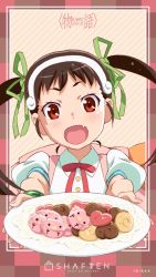 Rule 34 | backpack, bag, blouse, brown hair, collared shirt, cookie, fang, food, green bracelet, green hairband, green ribbon, hachikuji mayoi, hairband, highres, holding, holding plate, incoming food, logo, looking at viewer, monogatari (series), official art, official wallpaper, open mouth, plate, presenting, red eyes, red ribbon, ribbon, shaft (company), shirt, skin fang, solo, twintails, valentine, white shirt