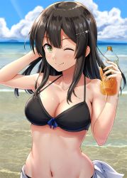 Rule 34 | 1girl, beach, bikini, black bikini, black hair, blue sky, blush, bottle, breasts, cleavage, cloud, cloudy sky, collarbone, covered erect nipples, day, green eyes, groin, hair ornament, halterneck, highres, holding, holding bottle, ichikawa feesu, kantai collection, long hair, looking at viewer, medium breasts, navel, ocean, one eye closed, outdoors, oyashio (kancolle), sarong, sky, smile, solo, stomach, swimsuit, upper body