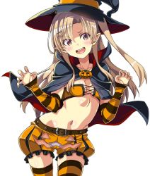 Rule 34 | 1girl, arm warmers, azur lane, belt, black cape, black hat, blonde hair, breasts, brown belt, cape, claw pose, cleveland (azur lane), clothing cutout, collarbone, colored stripes, cowboy shot, cross-laced clothes, cross-laced top, crotch cutout, halloween, halloween costume, hat, highres, jack-o&#039;-lantern, jack-o&#039;-lantern cutout, light blush, long hair, looking at viewer, macaroni hourensou, midriff, multicolored cape, multicolored clothes, navel, open mouth, panties, pointy ears, pumpkin, pumpkin pants, red cape, red eyes, simple background, small breasts, smile, solo, standing, striped clothes, striped thighhighs, thighhighs, underwear, white background, white panties, witch hat