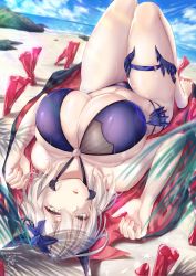 Rule 34 | 1girl, artoria pendragon (fate), artoria pendragon (lancer alter) (fate), bare shoulders, beach, bikini, black bikini, blonde hair, blush, braid, breasts, cape, cleavage, day, fate/grand order, fate (series), flower, french braid, hair between eyes, hair flower, hair ornament, halterneck, highres, hirasawa seiji, horns, huge breasts, knees up, long hair, looking at viewer, lying, navel, o-ring, ocean, on back, open mouth, parted lips, sidelocks, solo, swimsuit, thigh strap, thighs, white hair, yellow eyes