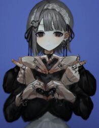 Rule 34 | 1girl, black eyes, black ribbon, black shirt, blue background, closed mouth, ear piercing, earrings, extra arms, eyes visible through hair, finger heart, grey hair, hair ornament, hands up, heart, heart hands, highres, jewelry, looking at viewer, maid headdress, mole, mole under eye, mole under mouth, multiple rings, original, piercing, ribbon, ring, shirt, short hair, simple background, solo, tunena mi, upper body