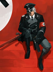 Rule 34 | 1boy, armband, black hat, boots, capcom, coat, dante (devil may cry), devil may cry (series), gun, handgun, hat, male focus, military coat, multicolored coat, nazi, necktie, pants, pants tucked in, pistol, rebellion (sword), red armband, solo, swastika, sword, two-tone coat, weapon, white hair
