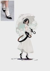 Rule 34 | 1girl, belt, black belt, black footwear, black gloves, black hair, blackcat enjia, breasts, brown eyes, chinese commentary, commentary, dated, detached sleeves, dress, earrings, english commentary, flower, full body, glasses, gloves, grey background, high heels, highres, holding, holding umbrella, jewelry, looking at viewer, medium breasts, medium hair, mixed-language commentary, original, pantyhose, parted bangs, parted lips, personification, photo inset, reference inset, signature, solo, umbrella, white dress, white flower, white headwear, white pantyhose, white sleeves, white umbrella